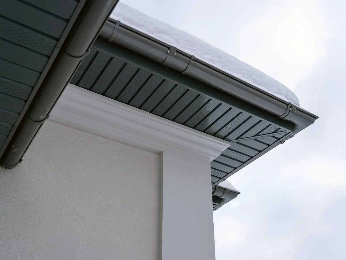 Grey soffit and fascia on a white rendered house
